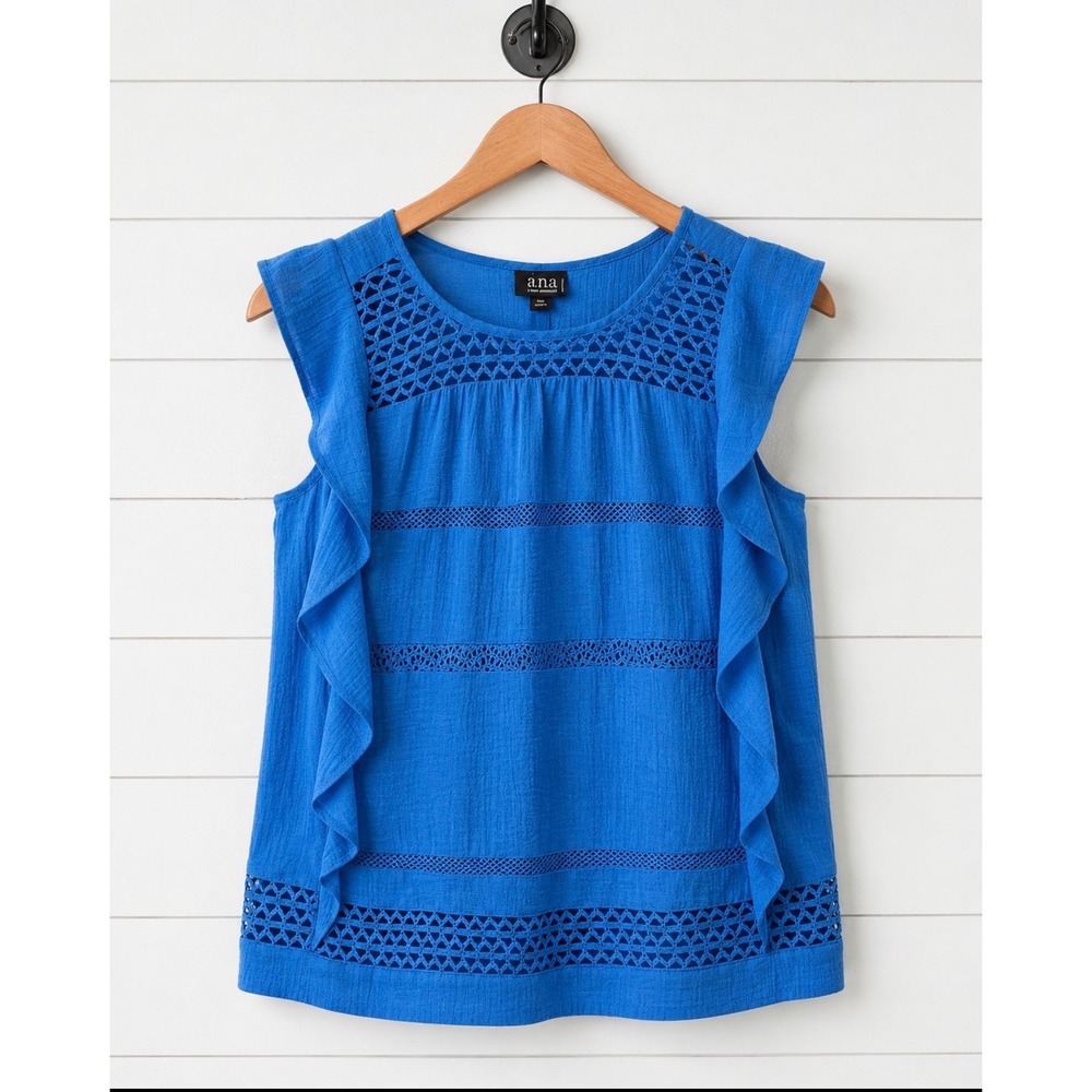 a.n.a Petite Royal Blue Ruffle Sleeve Lace Trim Blouse Top Size PS